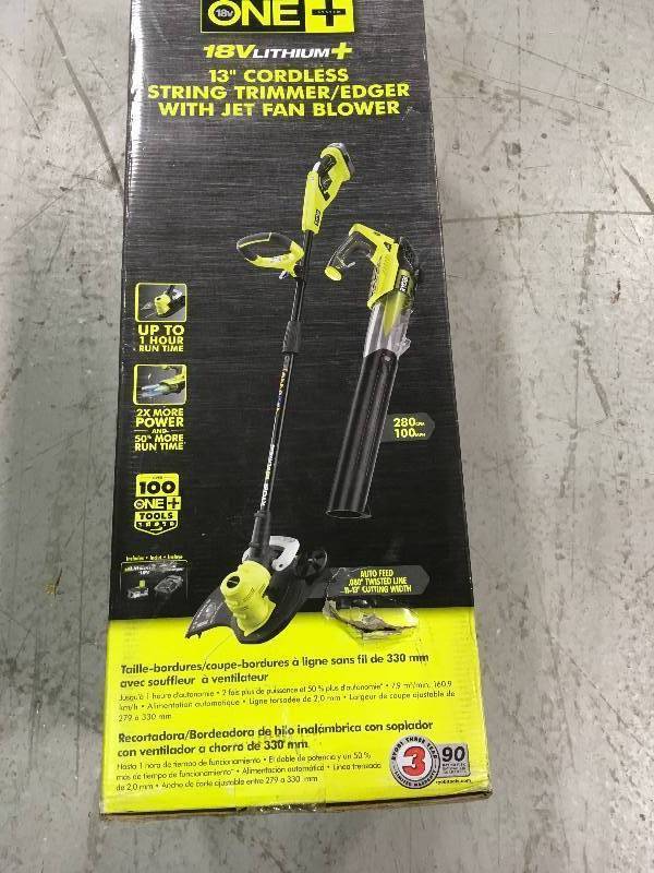lot 70 image: Ryobi  ONE 18-Volt Lithium-Ion Cordless String TrimmerEdger and Jet Fan Blower Combo Kit - 4.0 Ah BatteryCharger Included in good conditions