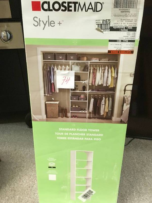 lot 74 image: CLOSETMAID  Style 15 in. D x 25 in. W x 82 in. H White Melamine Floor Mount 6-Shelves Closet System not used
