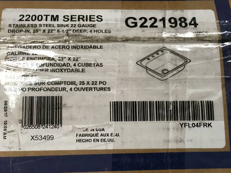 lot 80 image: Moen 2200 Series 22-in x 25-in Single-Basin Stainless Steel Drop-in 4-Hole Residential Kitchen Sink not used