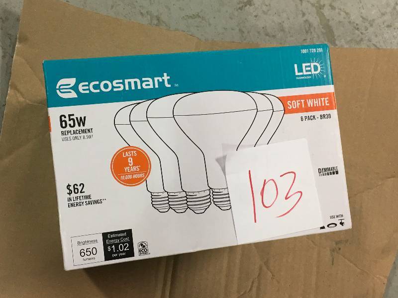 lot 103 image: Ecosmart LED Technology Soft White 65W 8.5W Dimmable Light Bulb 6 Pack BR30 not used