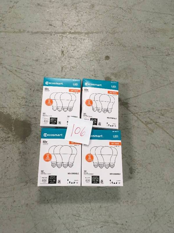 lot 106 image: ECOSMART  60-Watt Equivalent A19 Non-Dimmable LED Light Bulb Soft White (4-Pack)  LOT OF 4 not used