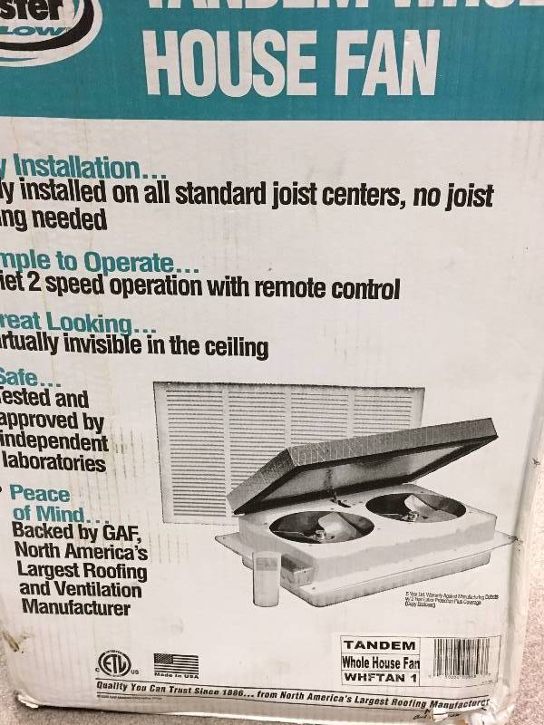 lot 10 image: MasterFlow 1600 CFM Tandem Whole House Fan WHFTAN1 not used in good condition