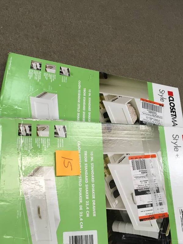 lot 15 image: LOT OF TWO ClosetMaid Style 10 in. H x 25 in. W White Melamine Shaker Drawer Kit for 25 in. W Closet System not used in good condition