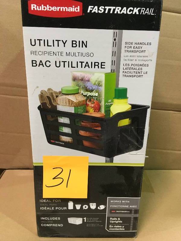 lot 31 image: Rubbermaid FastTrack Garage Utility Bin Storage Plastic Containers Home Basket not used in good condition