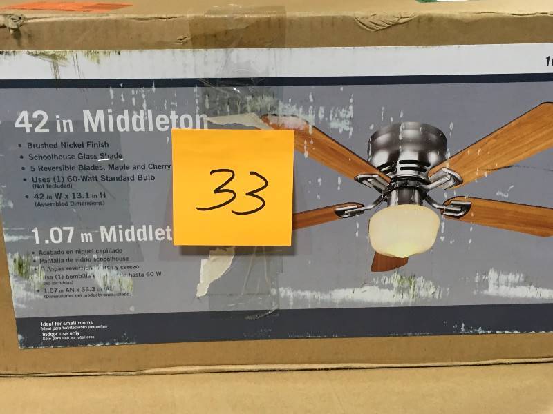 lot 33 image: Hampton Bay  Middleton 42 in. Indoor Brushed Nickel Ceiling Fan with Light Kit not used in good condition