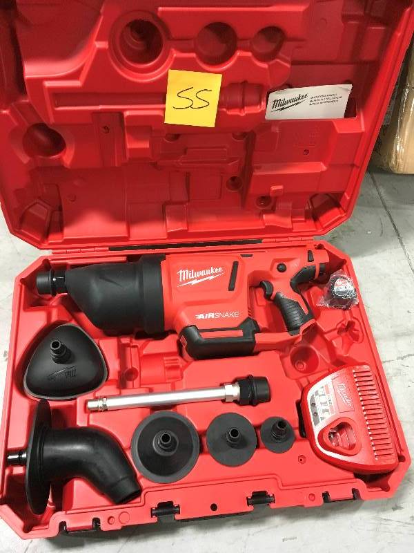 lot 55 image: Milwaukee 2572A-20 M12 AIRSNAKE Drain Cleaning Air Gun kit in like new condition