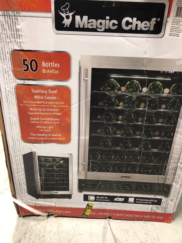 lot 115 image: Magic Chef 23.4 in. W 50-Bottle Wine Cooler in Stainless Steel in working conditions whit damage please review photo stock photo used to display the unit