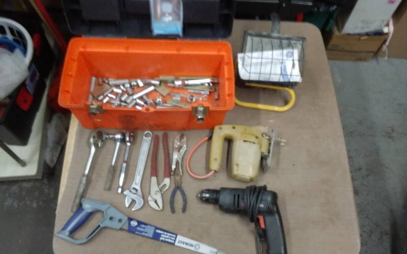 lot 21 image: Tool Box-Assorted Tools, Sockets, Wrenches, Drill, Jig Saw, Work Light