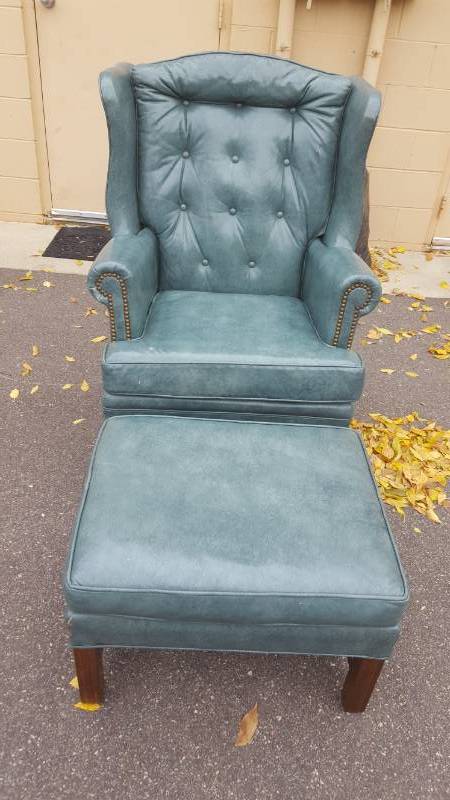 lot 2 image: Vintage Teal Leather Wing Back Chair With Ottoman 30 Wide x 41 Tall
