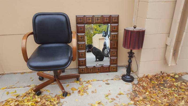 lot 5 image: Black Office Chair, Wood Mirror 24x35, Black Lamp With Red Shade 32-Inch