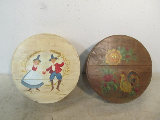 lot 40 image: Pair of Vintage Primitive Hand Painted Cheese Boxes