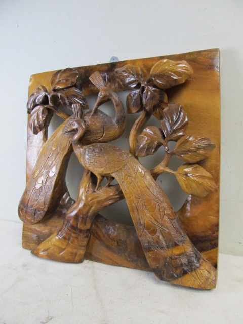 lot 11 image: Vintage Solid Wood Deep Relief Carved Peacock Wall Hanging