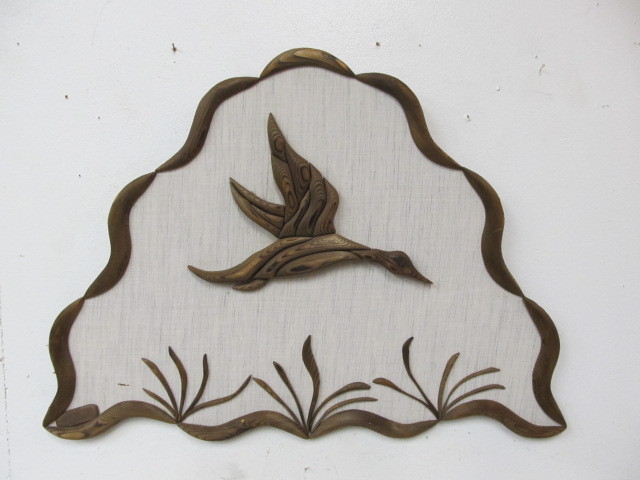 lot 84 image: Signed Vintage Carved Wood Flying Duck Wall Hanging