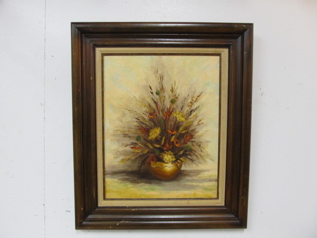 lot 136 image: Original B Howland Signed Oil on Canvas Fall Flowers Bouquet Painting