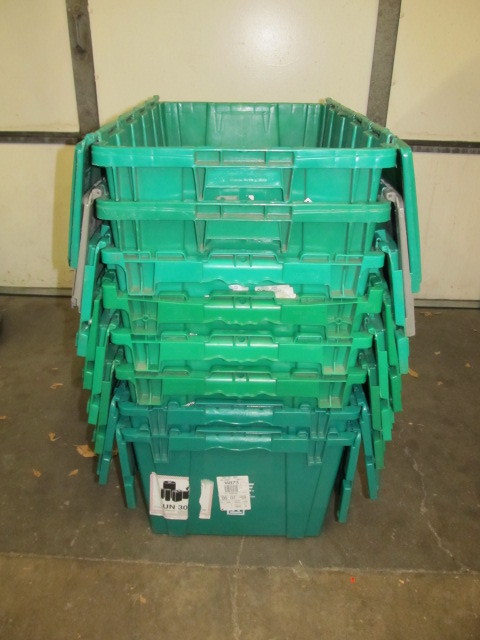 lot 54 image: Lot of 8 LARGE Plastic Folding Lid Storage Bins