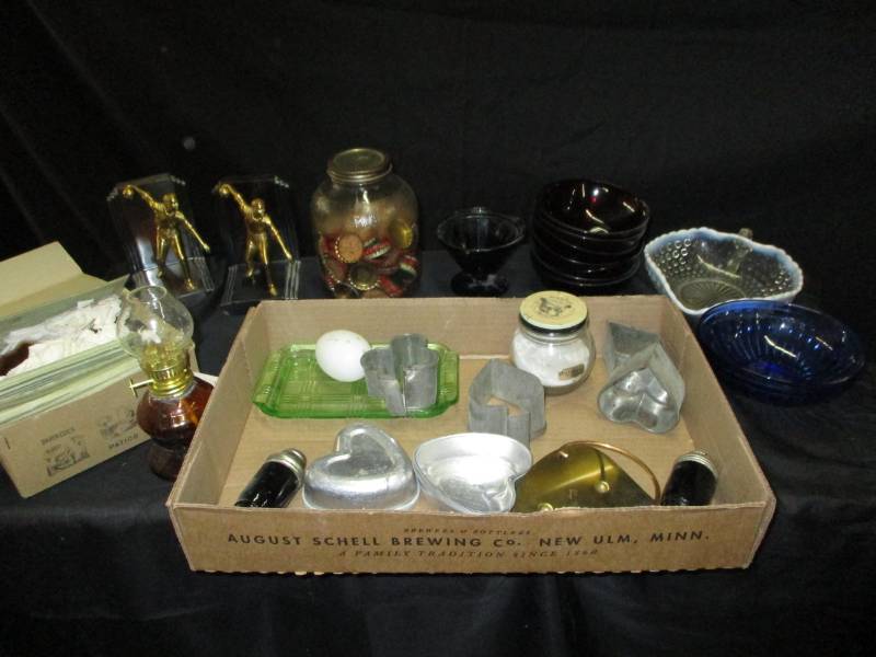 Fenton, Green Depression, cookie cutter, mini lamps, glack custard cup and Black glass salt and pepper shakers, Bowling Bookends, Blue dish