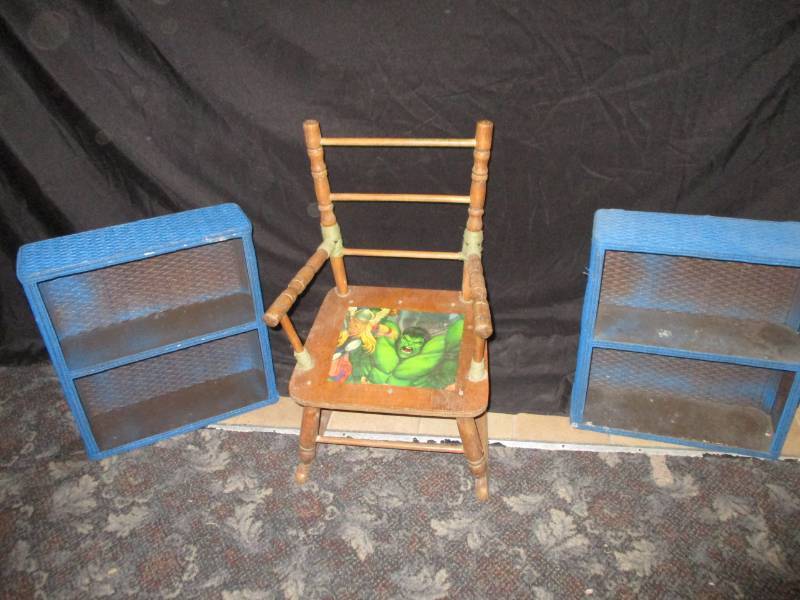 Kids rocking chair and 2 whicker shelves