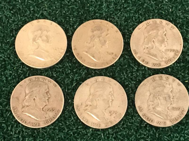 lot 7 image: Lot of 6 Franklin Half Dollars