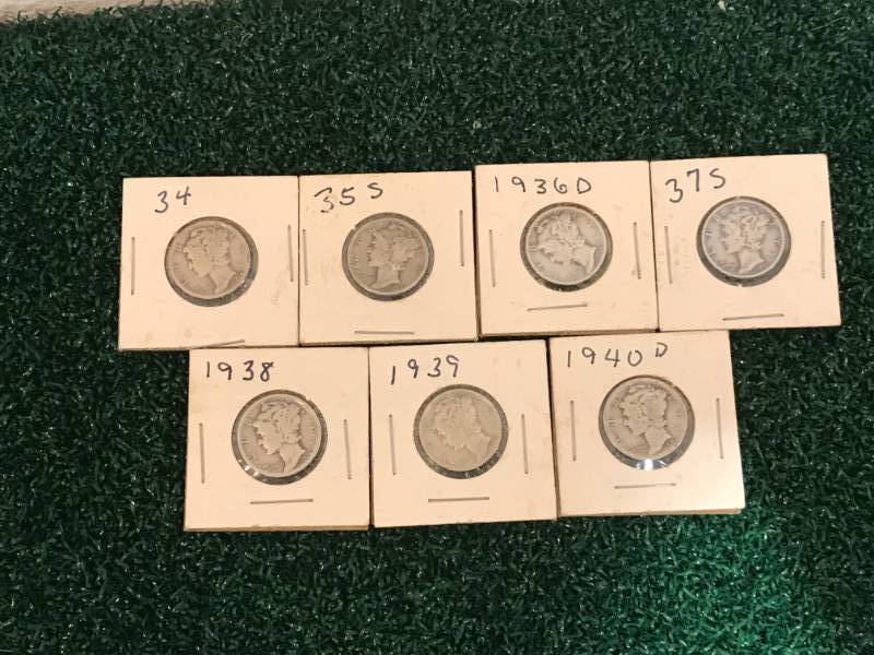 lot 8 image: Lot of 7 Mercury Dimes 1934 to 1940