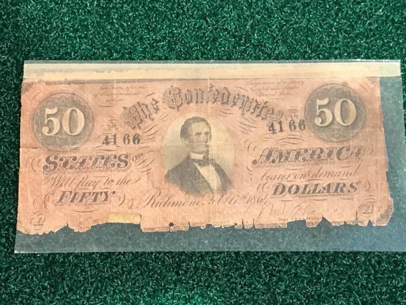 lot 32 image: Authentic 1864 $50 Bill featuring Jefferson Davis