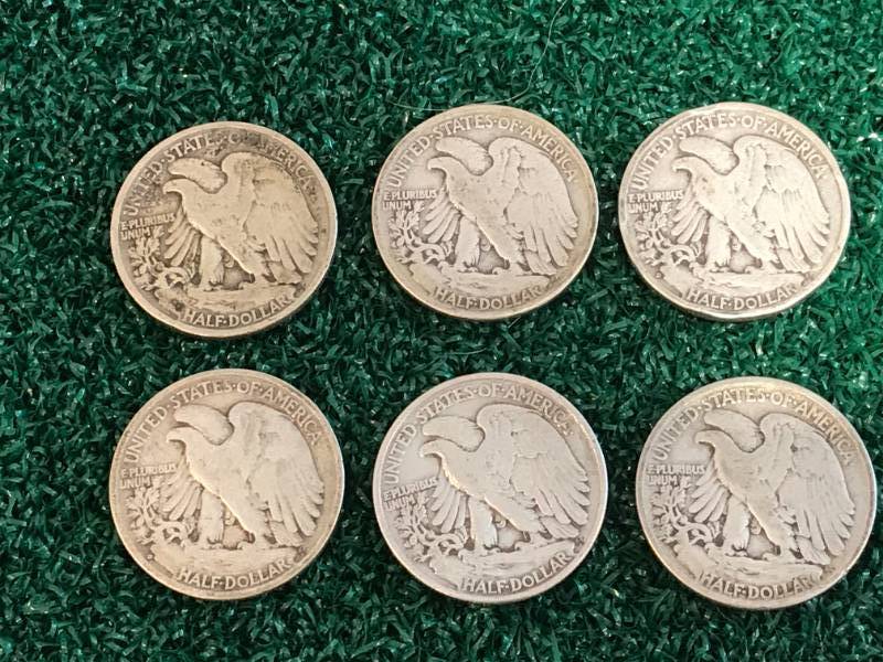lot 53 image: Lot of 6 Liberty Eagle Walking Half Dollars