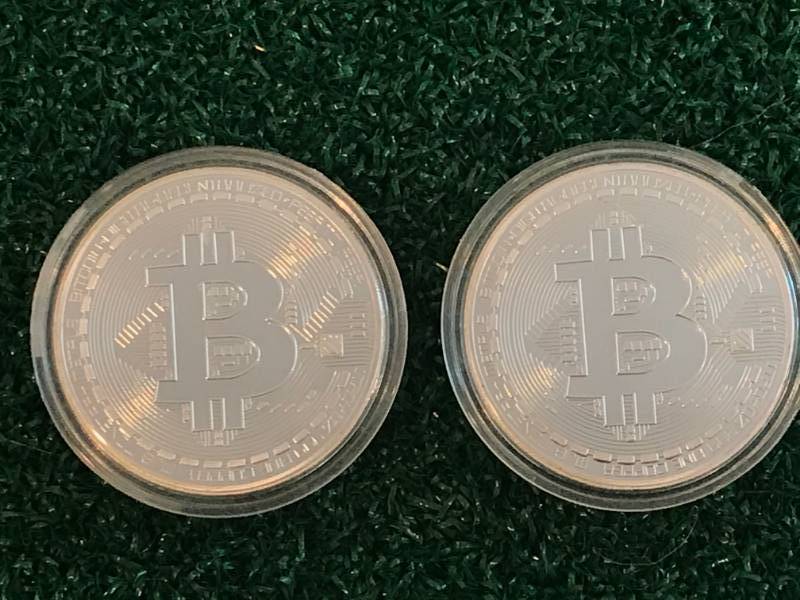 lot 68 image: Lot of 2 Silver Plated Bitcoin Coins