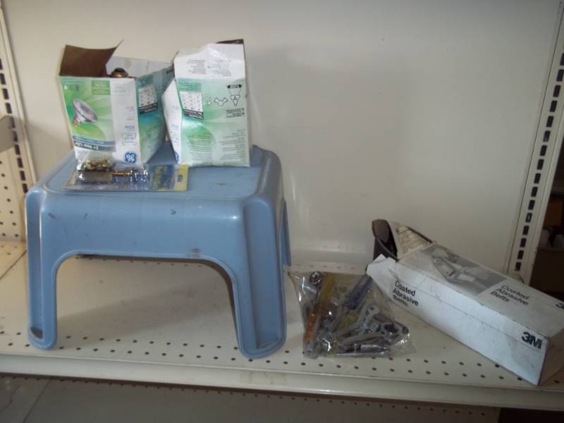 lot 28 image: Step Stool, Tools, Sanding Belts, and Switch