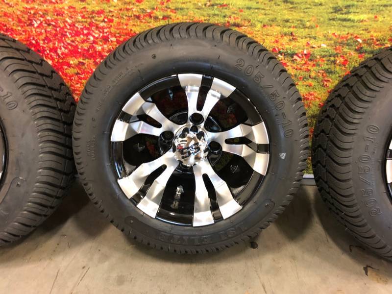 lot 5 image: Set of 4 NEW Aluminum and Black Custom Golf Cart Wheels and Tires