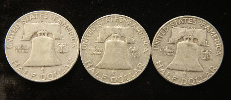 3 FRANKLIN SILVER HALF DOLLARS 1954-D 1955 1957-D