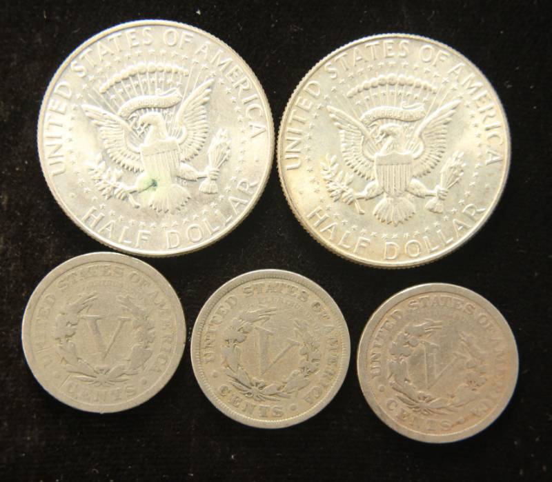 5 COINS 3- V NICKELS 1910, 19111 & 1912 & 2 KENNEDY 40% SILVER HALF DOLLARS