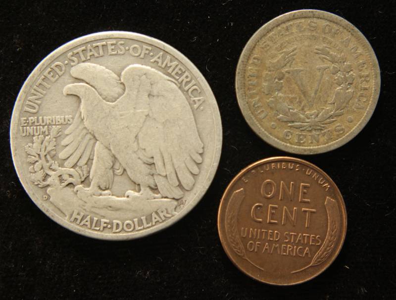 3 COINS 1939-D WALKING LIBERTY HALF, 1912 V NICKEL AND 1934-D CENT