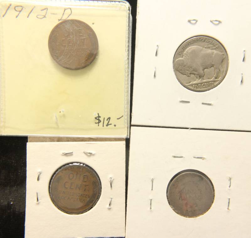 4 COINS 1887 SEATED DIME, 1936 BUFFALO 5C, 1912-D & 1931 WHEAT CENTS