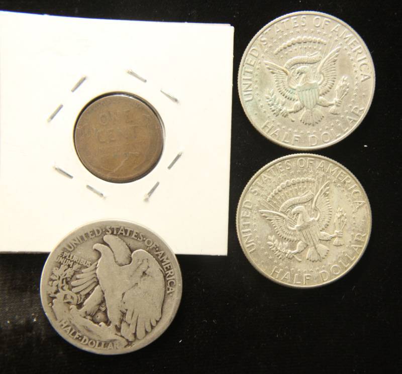 4 COINS 1934-S 50C, (2) KENNEDY 40% SILVER HALVES, 1924-S WHEAT CENT