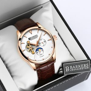 lot 4 image: Mens Automatic Antique Rose & Tobacco Skeleton Watch - $700 Retail