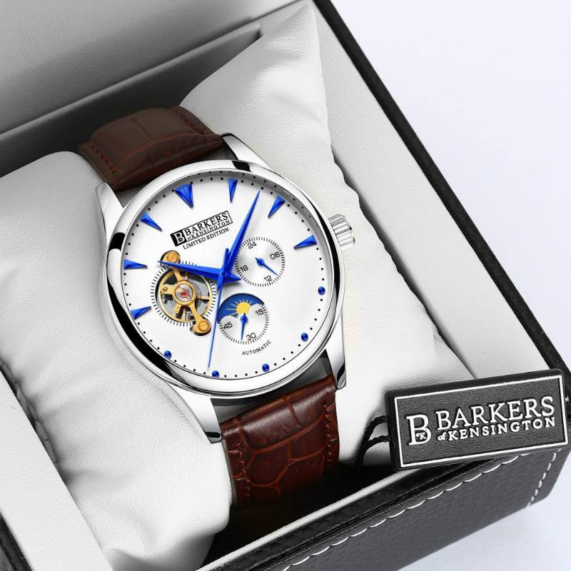 lot 5 image: Mens Automatic Etonian Blue & Tobacco Skeleton Watch - $700 Retail