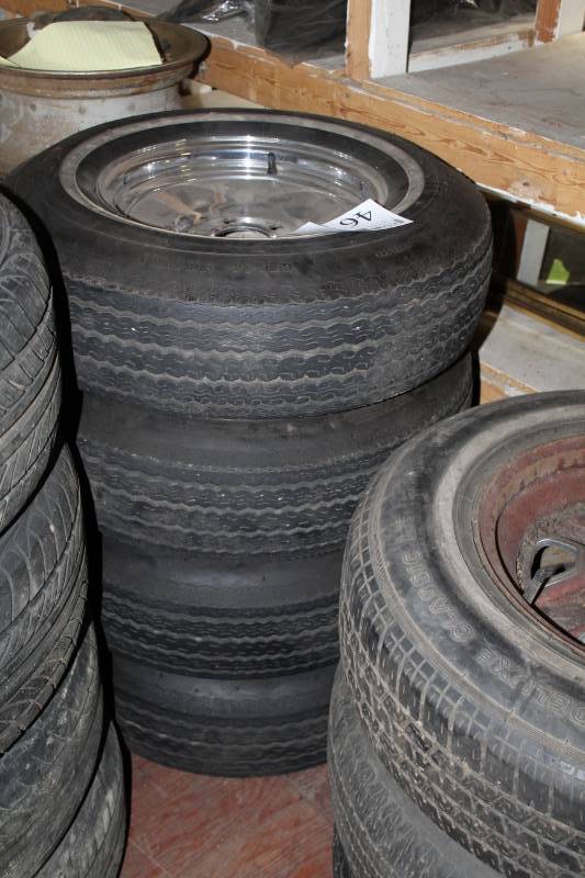 lot 46 image: Lot of (4) Deluxe 88 G76-14 Whitewall Tires w 14in. 5-Lug Steel Dish Wheels