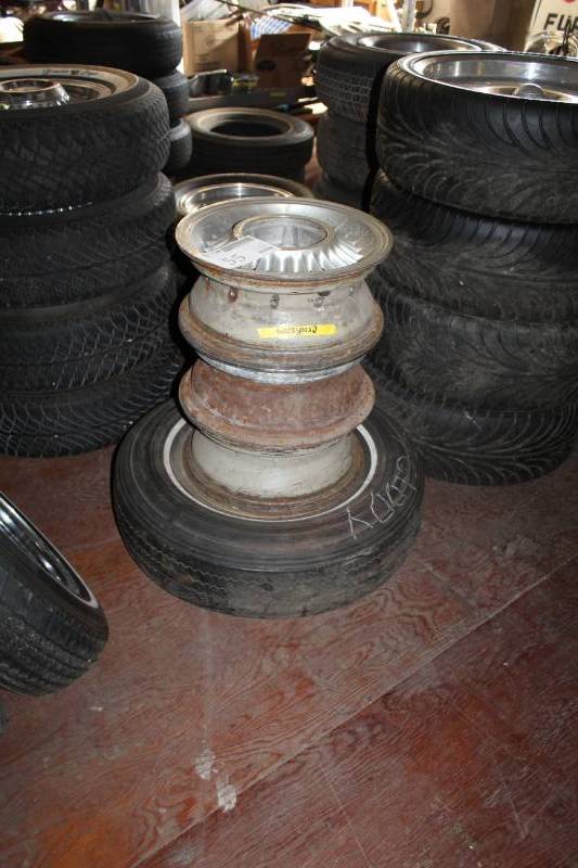 lot 55 image: Lot of (4) 15in. 5-Lug Wheels w 1) 9.15-15 Whitewall Tire