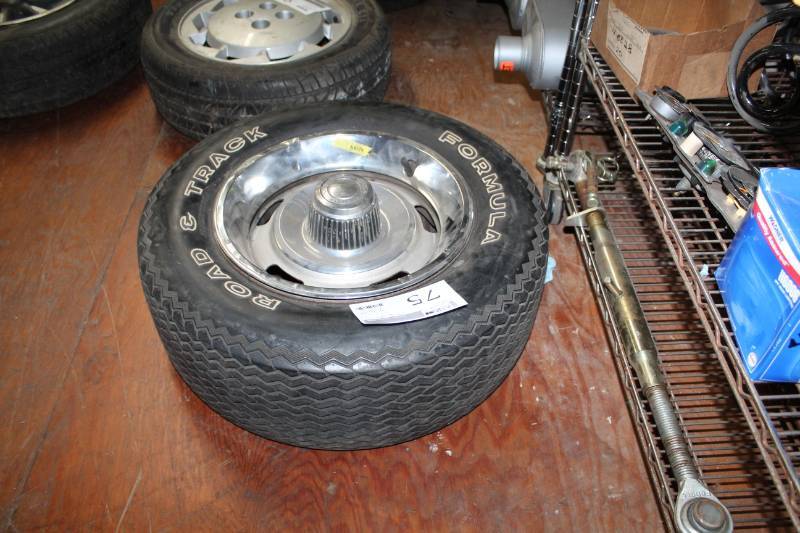 lot 75 image: Formula Road & Track P24560R15 White Letter Tire w 5-Lug Chevrolet Wheel