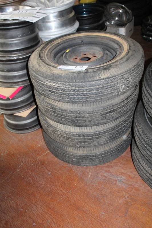 lot 61 image: Lot of (4) 6.95-14 Whitewall Tires w 14in. 5-Lug Steel Wheels
