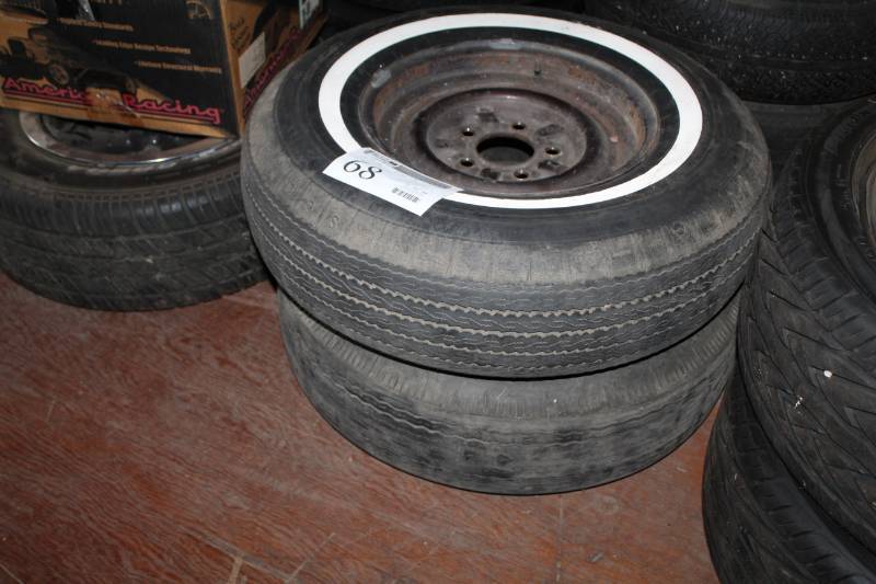 lot 68 image: Lot of (2) 8.50-14 Whitewall Tires w 14in. 5-Lug Wheels