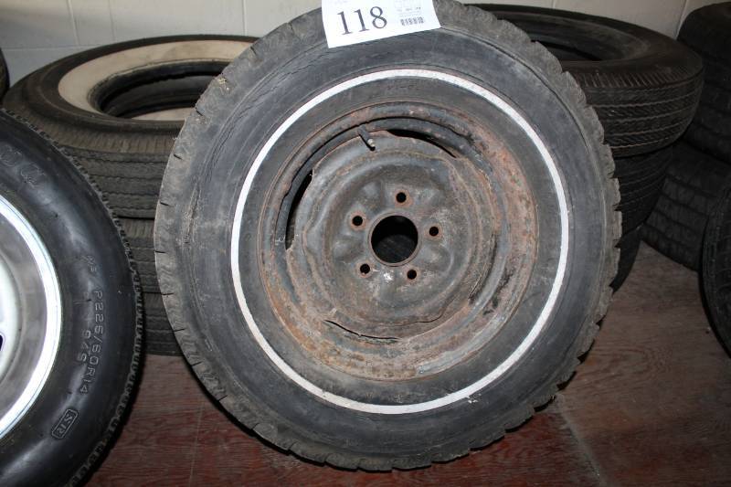 lot 118 image: 270-14 Whitewall Tire w 5-Lug Steel Wheel