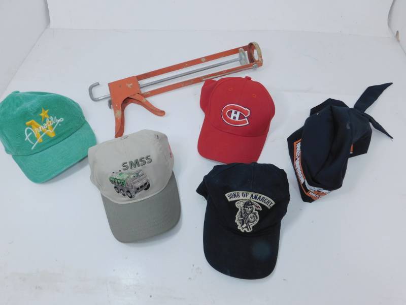 lot 10 image: Four Caps & One Harley-Davidson Bikers Bandana & A Newborn Caulking Gun