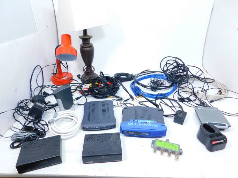 lot 70 image: Lot Of Modems-Routers-Miscellaneous Electronic Cords & Two Lamps