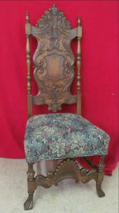 lot 31 image: Vintage High Back chair ( Black walnut wood, ornate wood)