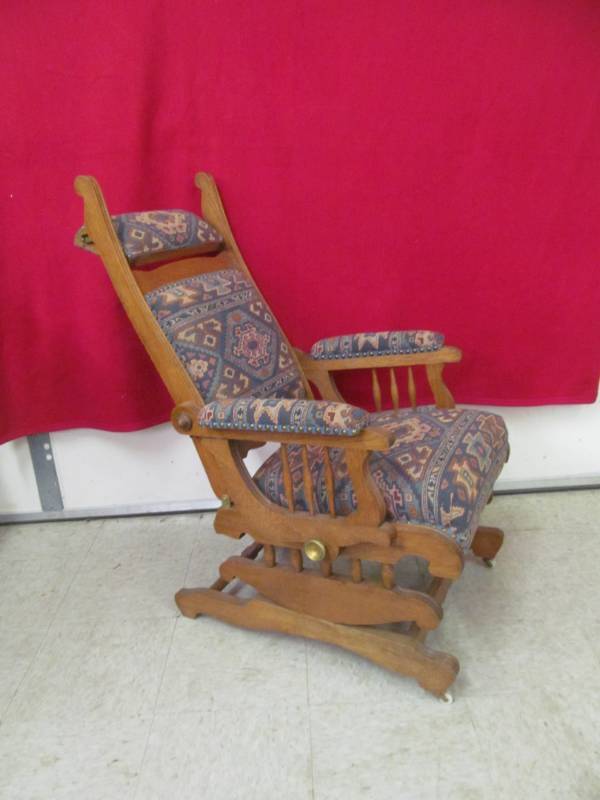 lot 35 image: Vintage Bent wood Rocker Recliner (Wood Front Wheels)(Adjustable head rest)