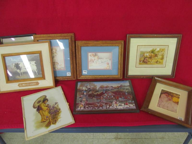 lot 38 image: picture frames, various pictures, babies, milking cow, Asian Lady, Lady & Child
