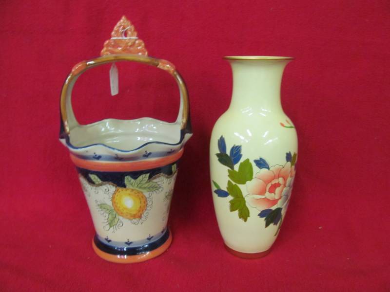 lot 62 image: Ceramic vase, ceramic basket 12 tall