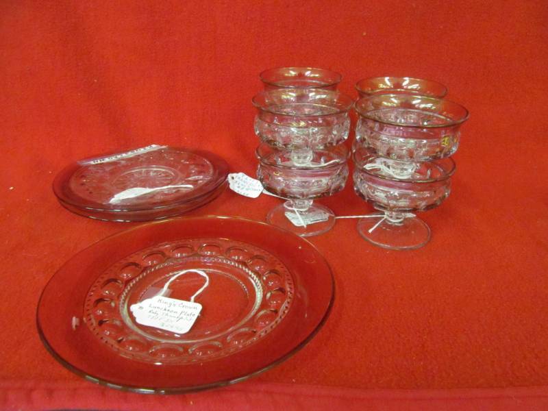 lot 71 image: Pair of Tiffin Franciscan Kings Crown Salad plates, 1 luncheon plate, 8 Kings Crown Thumbprint Ruby Flash Sherbet
