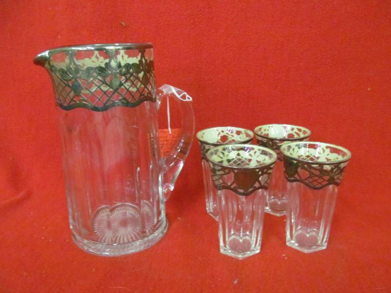 lot 73 image: Heisey Tankard, Puritan Flared Bar tumblers set of 4 with lattice and lotus silver overlay