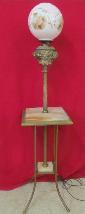 lot 80 image: Vintage floor lamp, marble top, brass finish base, beautiful globe 62 tall